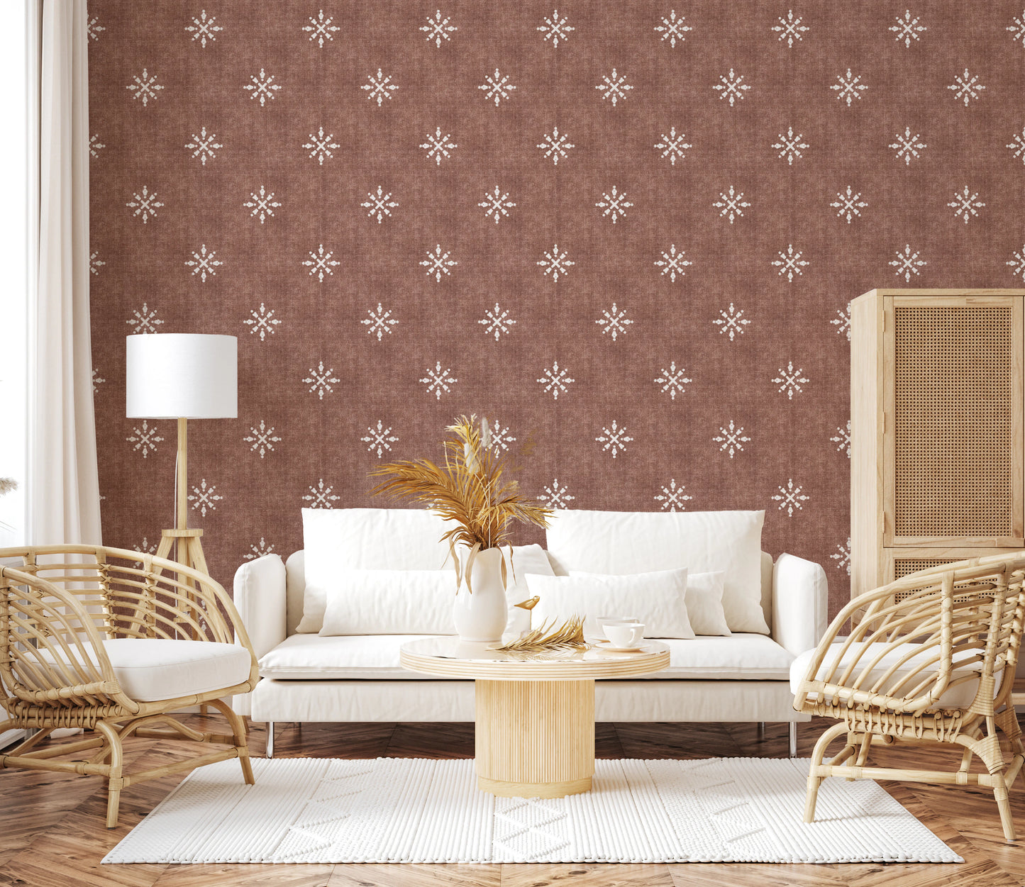 Boho chic red wallpaper for modern home interiors.