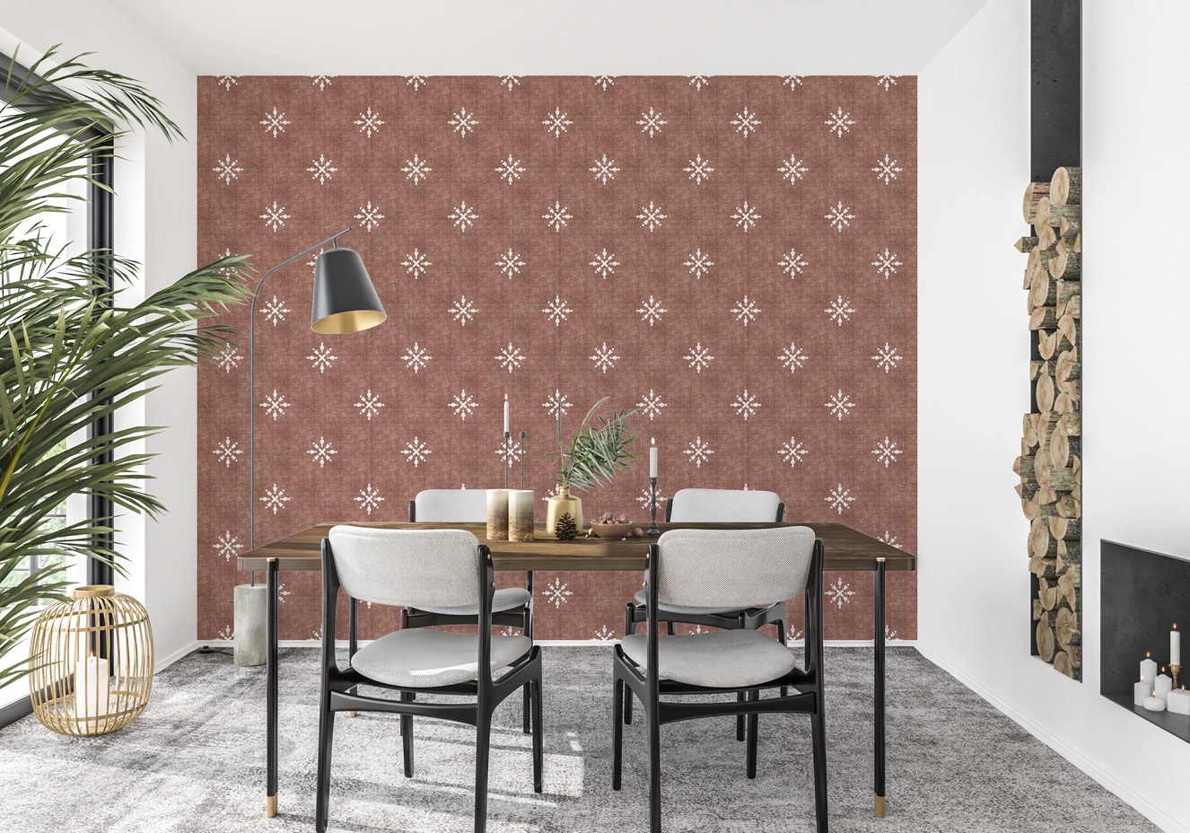 Terracotta red wallpaper with white boho pattern.