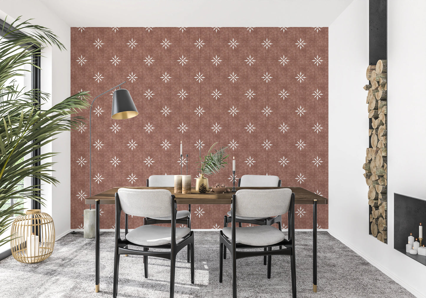 Terracotta red wallpaper with white boho pattern.
