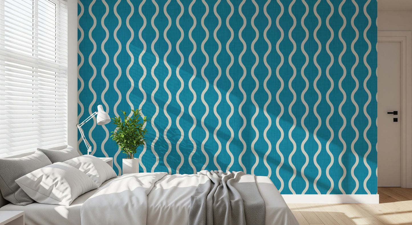 Cozy Scandi Folk Wavy Stripe Nordic Teal - Craft Stripe Wallpaper⁠