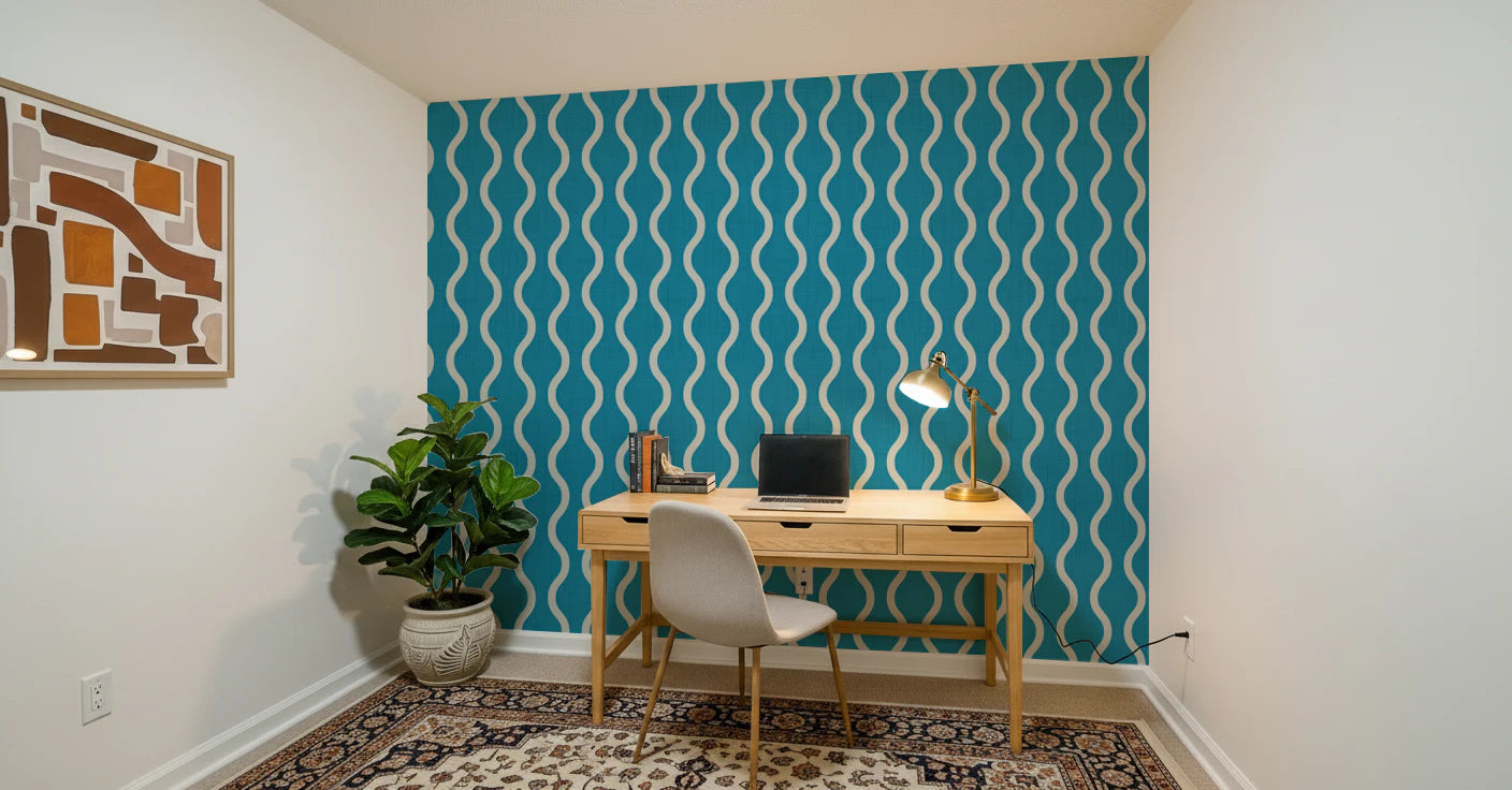 Cozy Scandi Folk Wavy Stripe Nordic Teal - Craft Stripe Wallpaper⁠