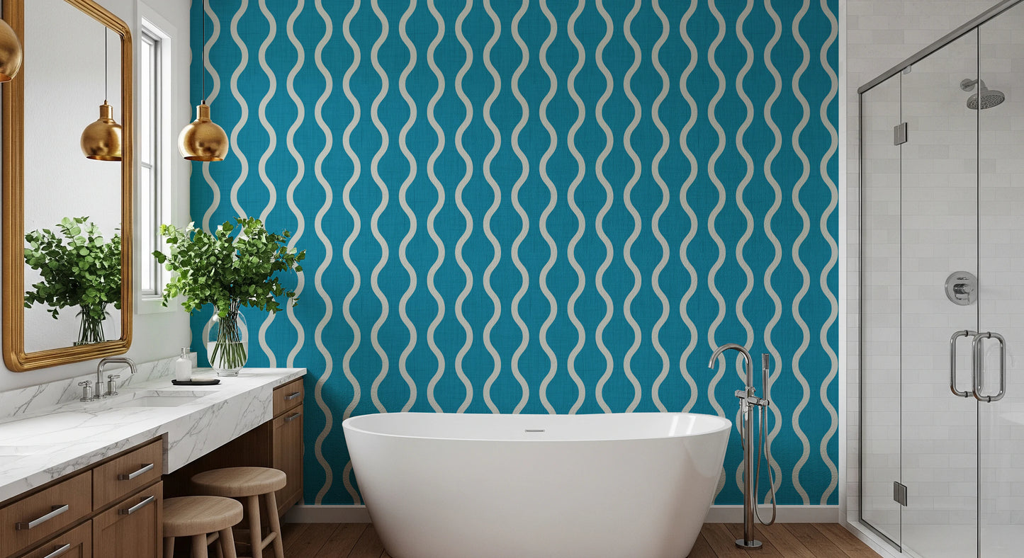 Cozy Scandi Folk Wavy Stripe Nordic Teal - Craft Stripe Wallpaper⁠