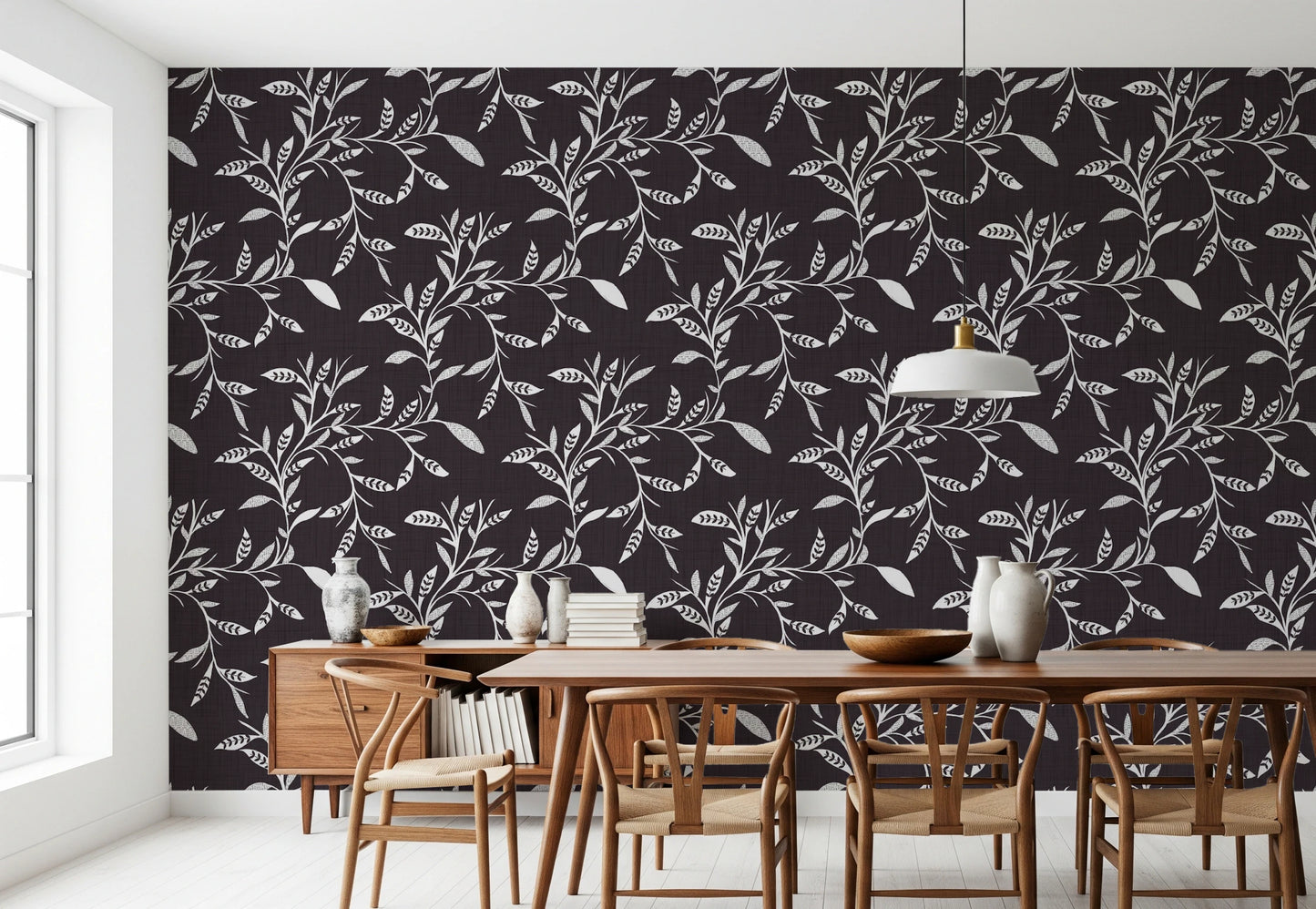 Cozy Scandi Folk Leaf Vine Charcoal - Craft Blender Wallpaper⁠