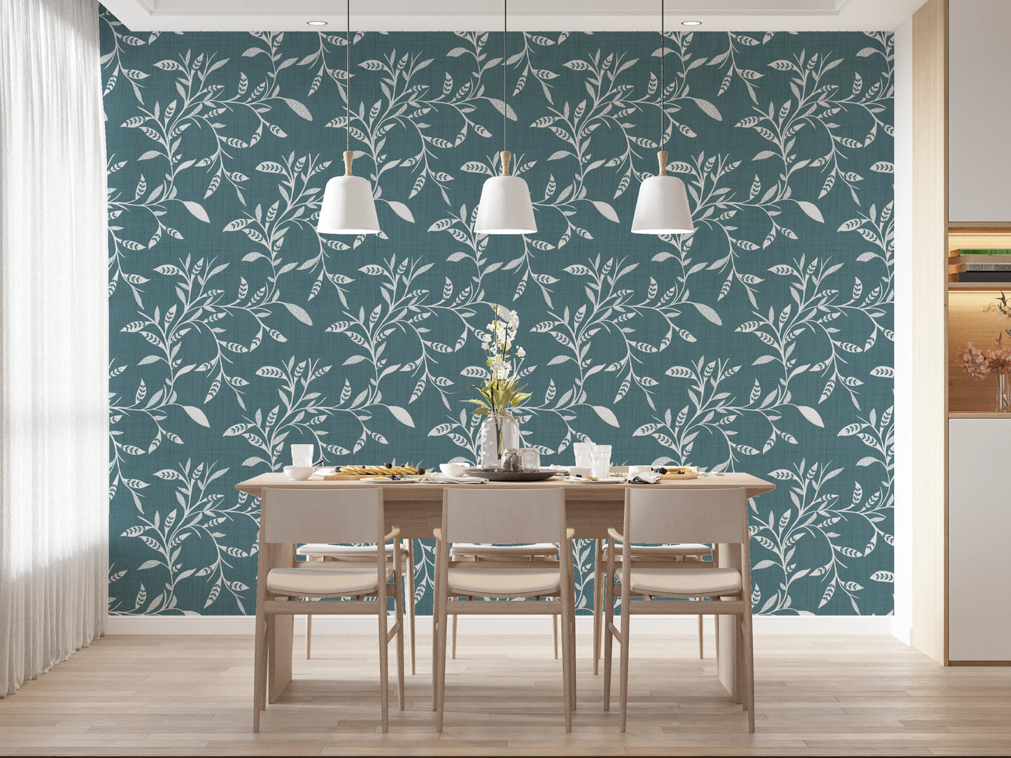 Cozy Scandi Folk Leaf Vine Nordic Blue Grey - Craft Blender Wallpaper⁠