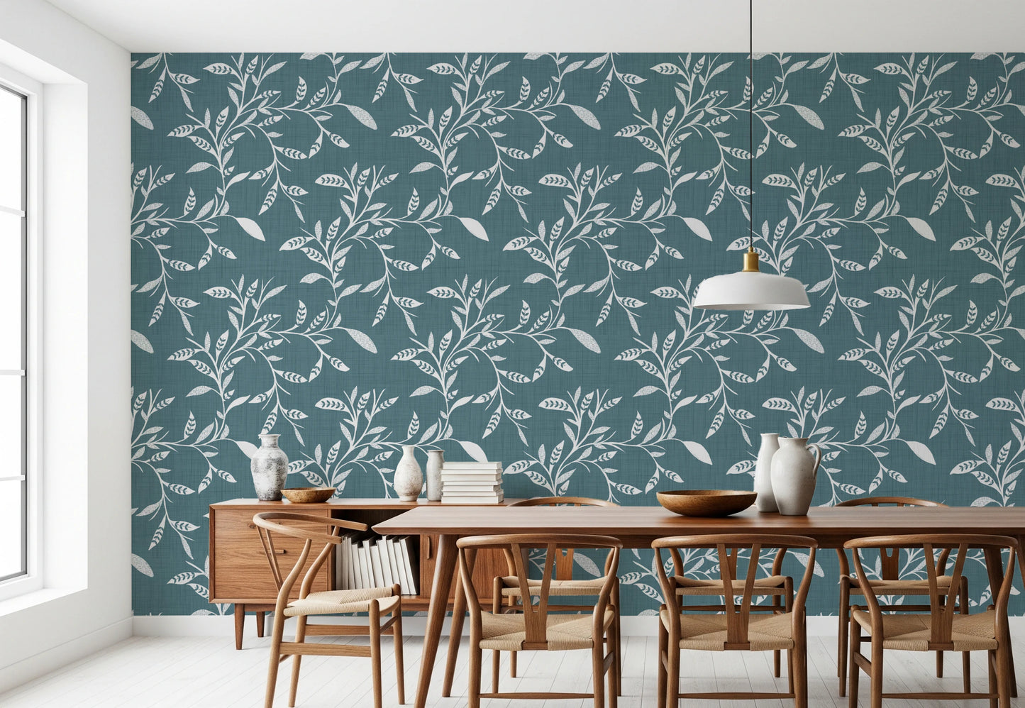 Cozy Scandi Folk Leaf Vine Nordic Blue Grey - Craft Blender Wallpaper⁠