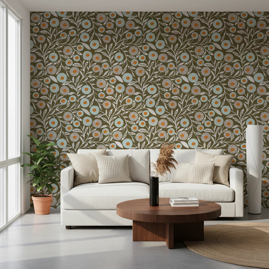 Cozy Scandi Folk Floral Earthy Olive - Craft Botanical Wallpaper⁠