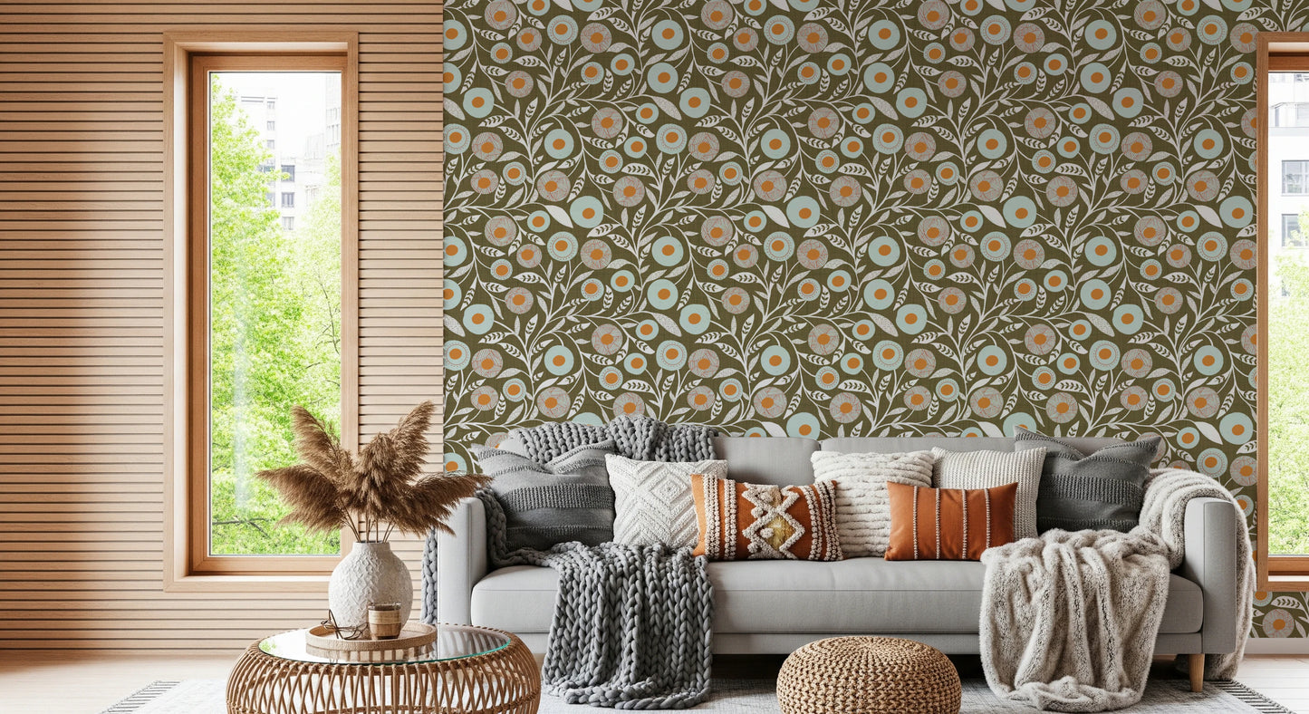 Cozy Scandi Folk Floral Earthy Olive - Craft Botanical Wallpaper⁠