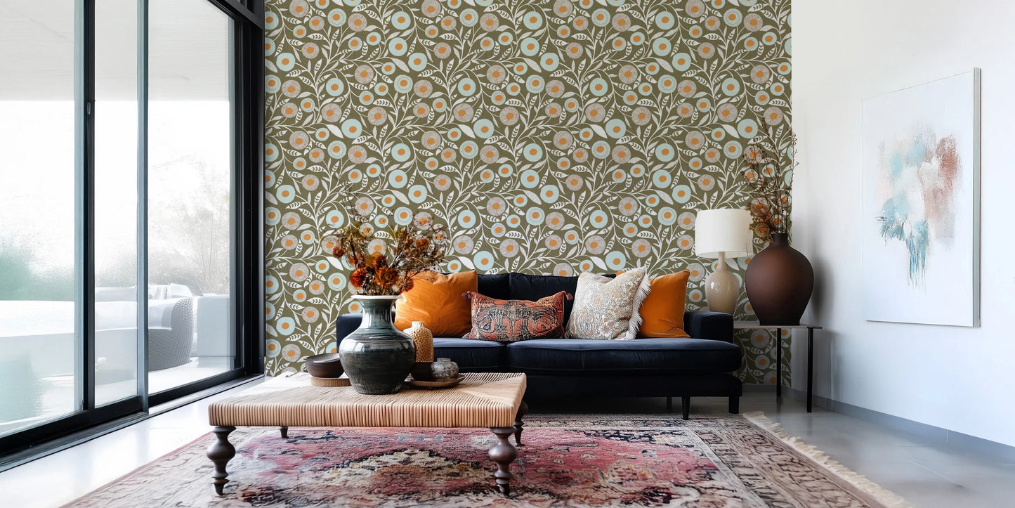 Cozy Scandi Folk Floral Earthy Olive - Craft Botanical Wallpaper⁠