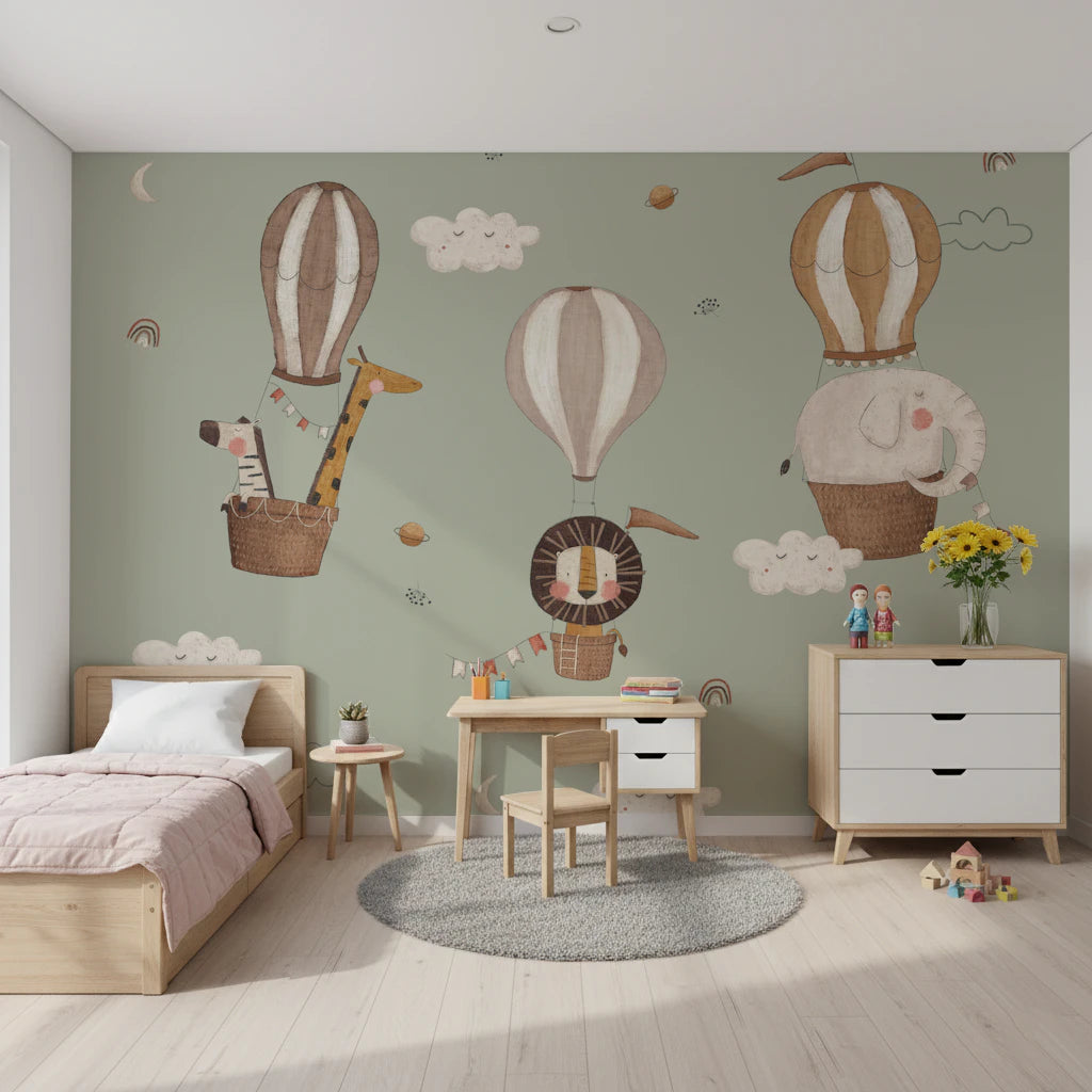 Whimsical Animal Balloon Ride Green Wall Mural