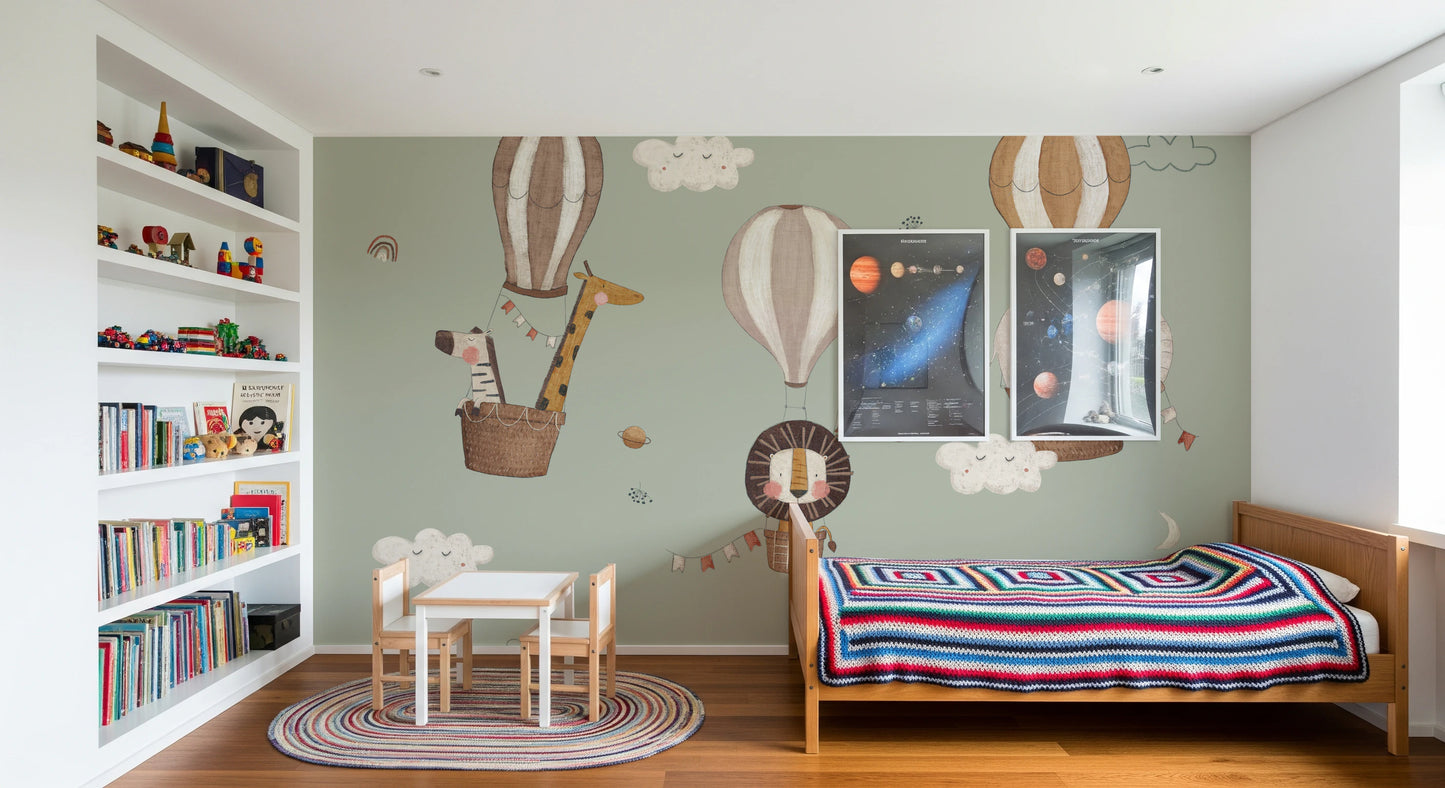 Whimsical Animal Balloon Ride Green Wall Mural