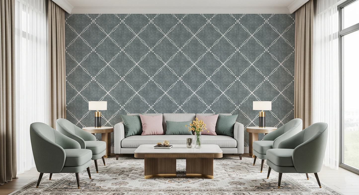 Boho Dotted Trellis Grunge Calming Blue Wallpaper⁠