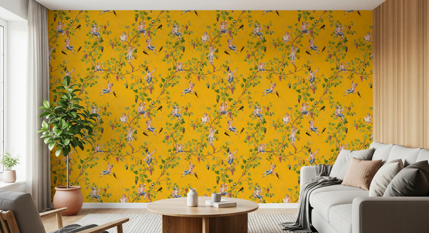 Whimsical Rococo Monkeys Wine Festival Aristocratic Vineyard Vintage  Garden  yellow Wallpaper⁠