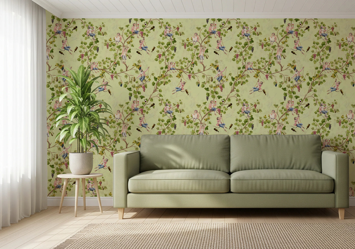 Whimsical Rococo Monkeys Wine Festival Aristocratic Vineyard Vintage  Garden  green Wallpaper⁠