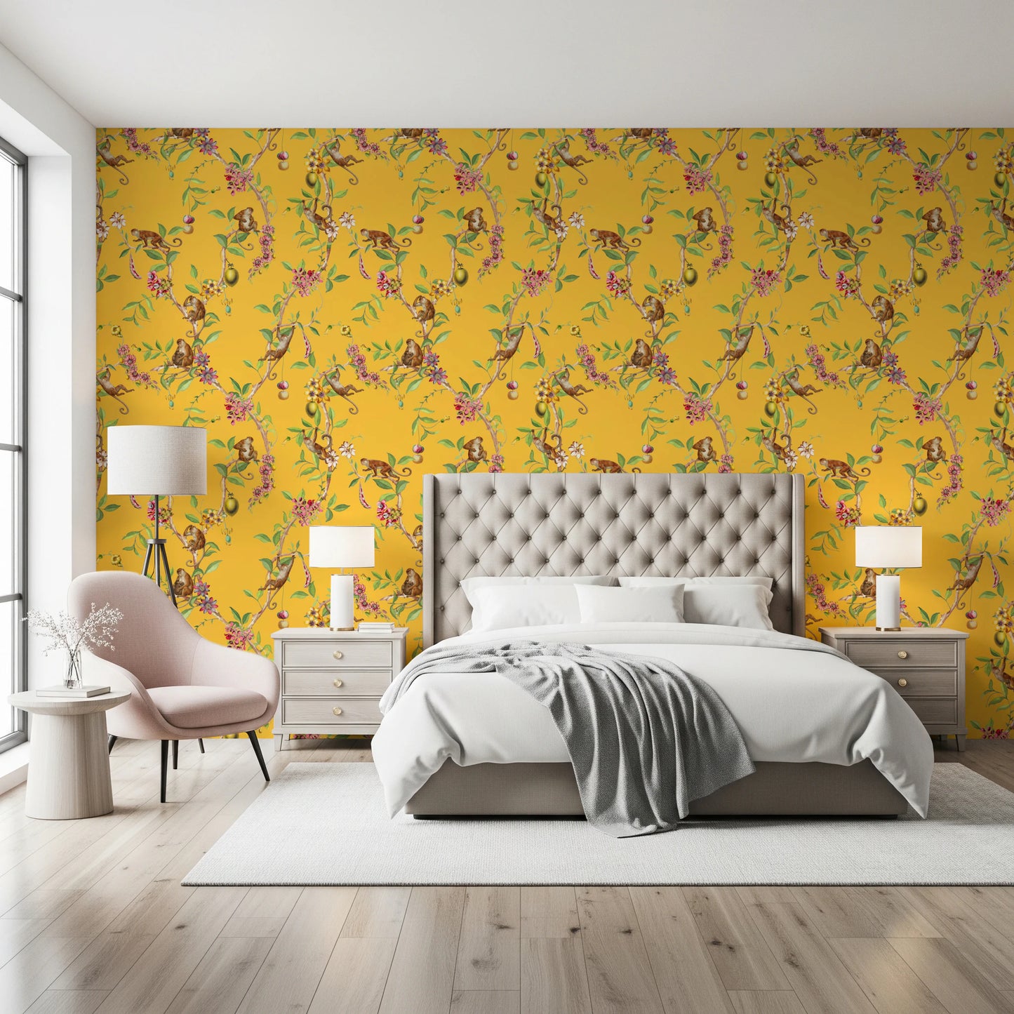 Whimsical Playing Monkeys Family Vintage Exotic Garden yellow Wallpaper⁠