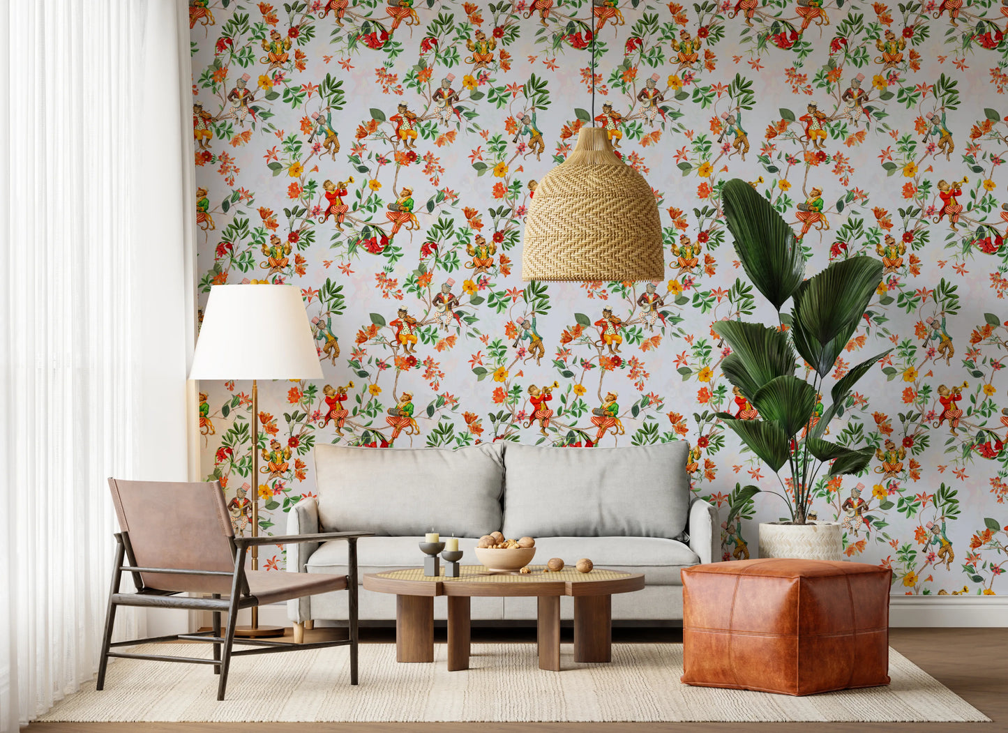 Whimsical Monkeys Playing Music Vintage Exotic Fun Garden blue Wallpaper⁠