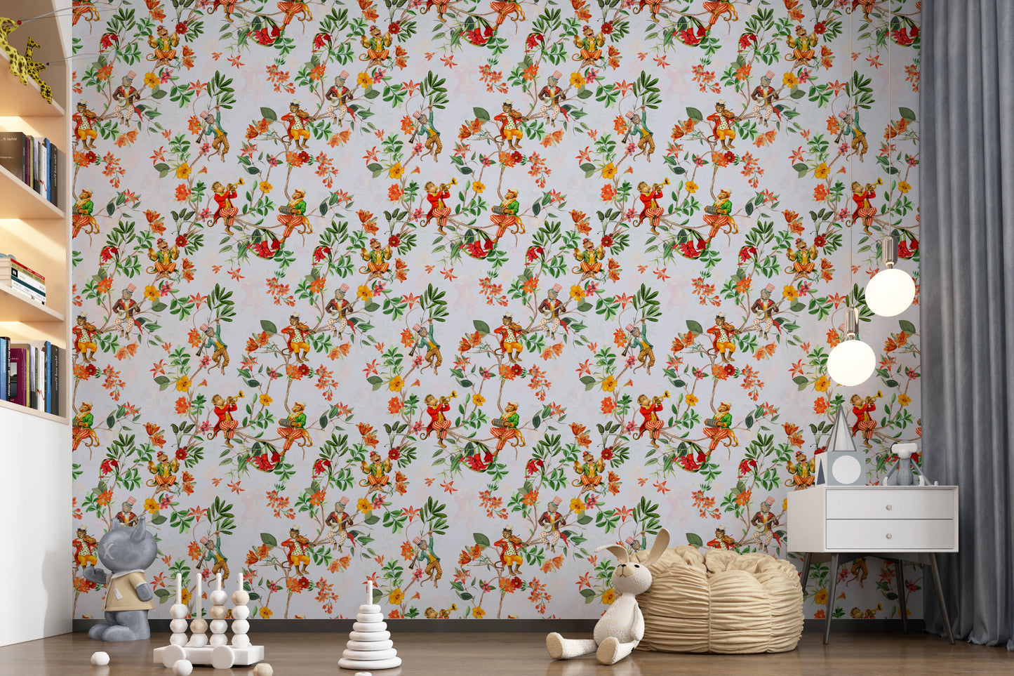 Whimsical Monkeys Playing Music Vintage Exotic Fun Garden blue Wallpaper⁠