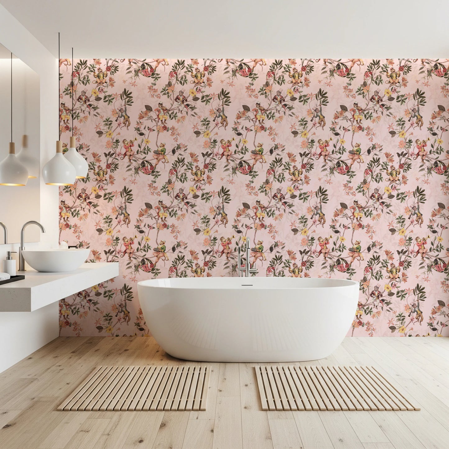 Whimsical Monkeys Playing Music Vintage Exotic Fun Garden pink Wallpaper⁠