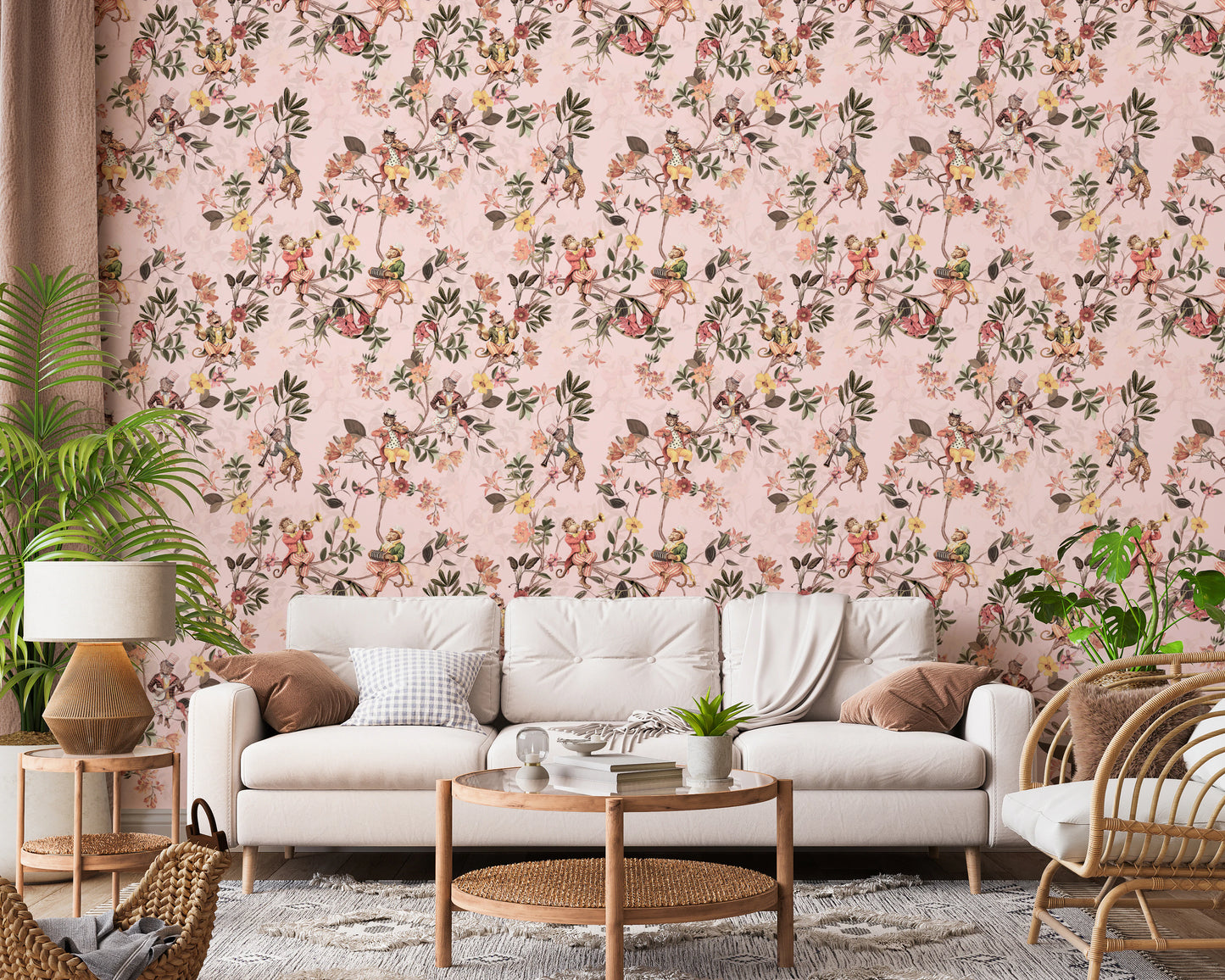 Whimsical Monkeys Playing Music Vintage Exotic Fun Garden pink Wallpaper⁠