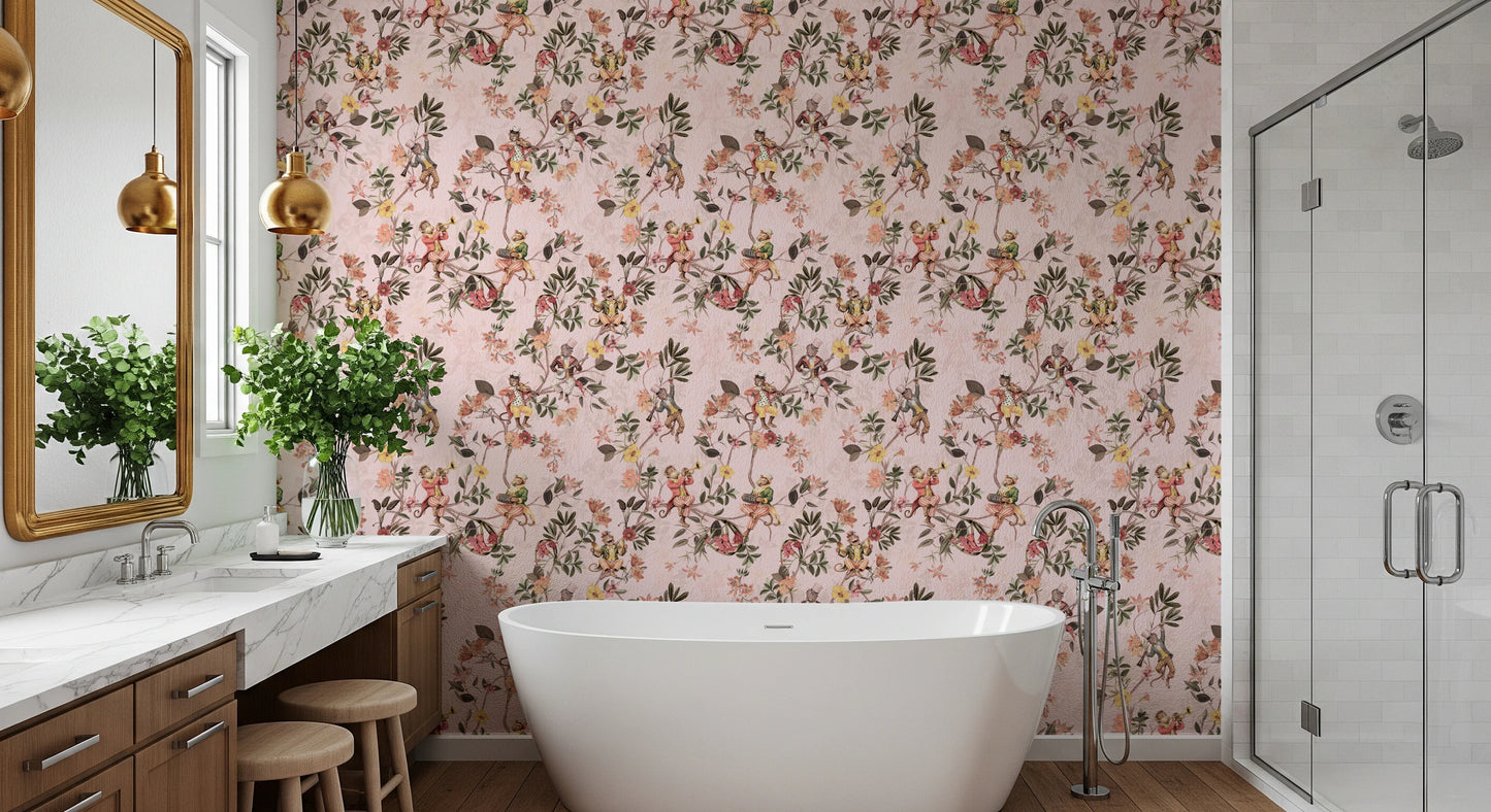Whimsical Monkeys Playing Music Vintage Exotic Fun Garden pink Wallpaper⁠