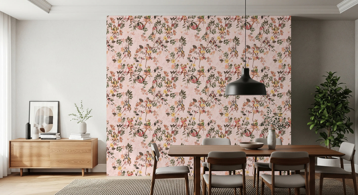 Whimsical Monkeys Playing Music Vintage Exotic Fun Garden pink Wallpaper⁠