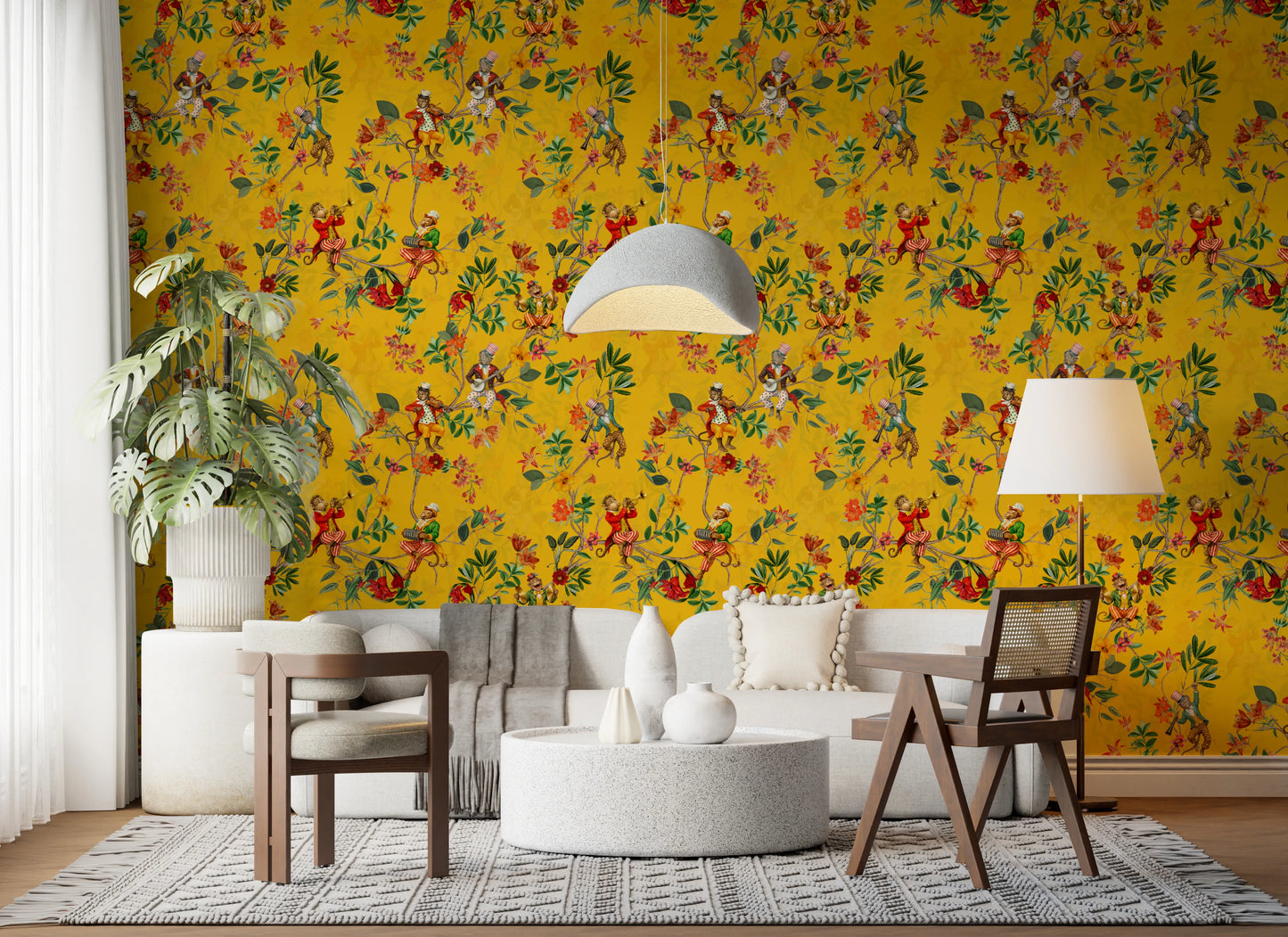Whimsical Monkeys Playing Music Vintage Exotic Fun Garden yellow Wallpaper⁠