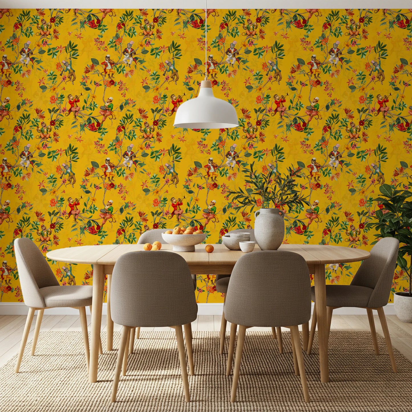 Whimsical Monkeys Playing Music Vintage Exotic Fun Garden yellow Wallpaper⁠