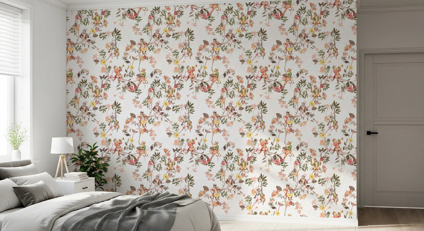 Whimsical Monkeys Playing Music Vintage Exotic Fun Garden white Wallpaper⁠