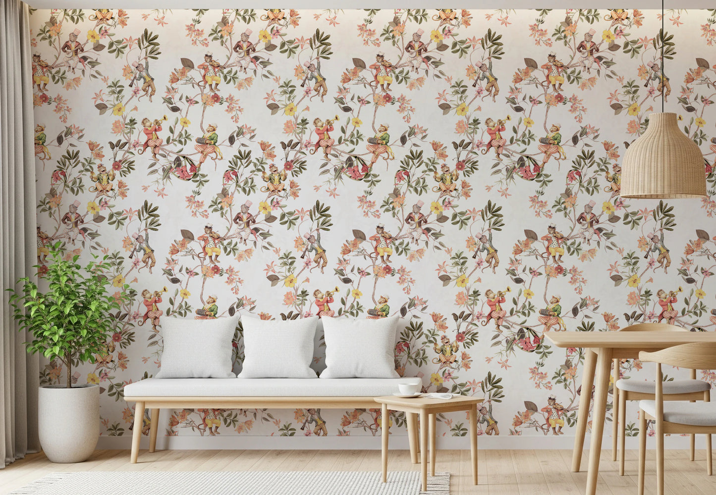 Whimsical Monkeys Playing Music Vintage Exotic Fun Garden white Wallpaper⁠
