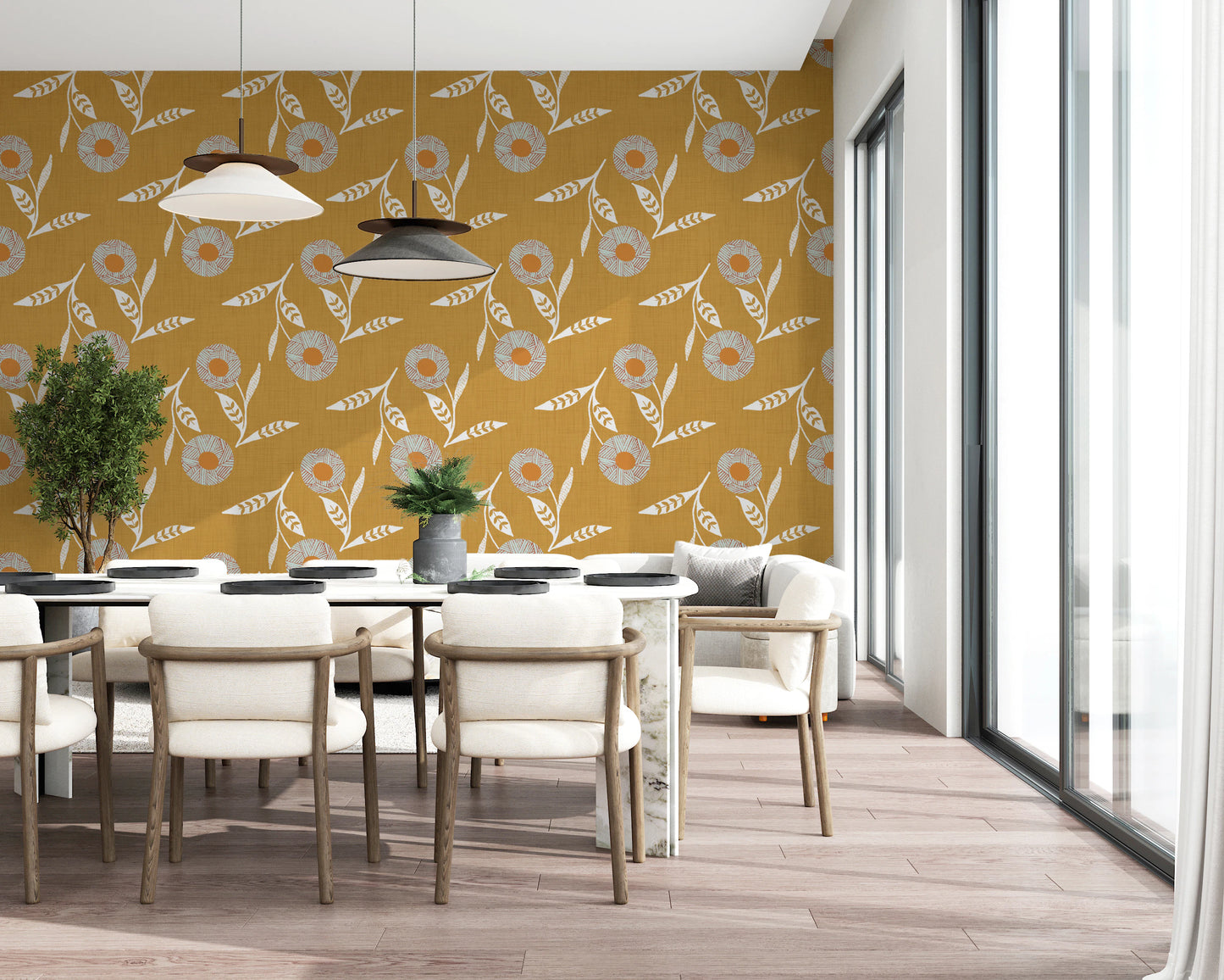 Cozy Scandi Flower Honey Mustard - Craft Botanical Wallpaper⁠