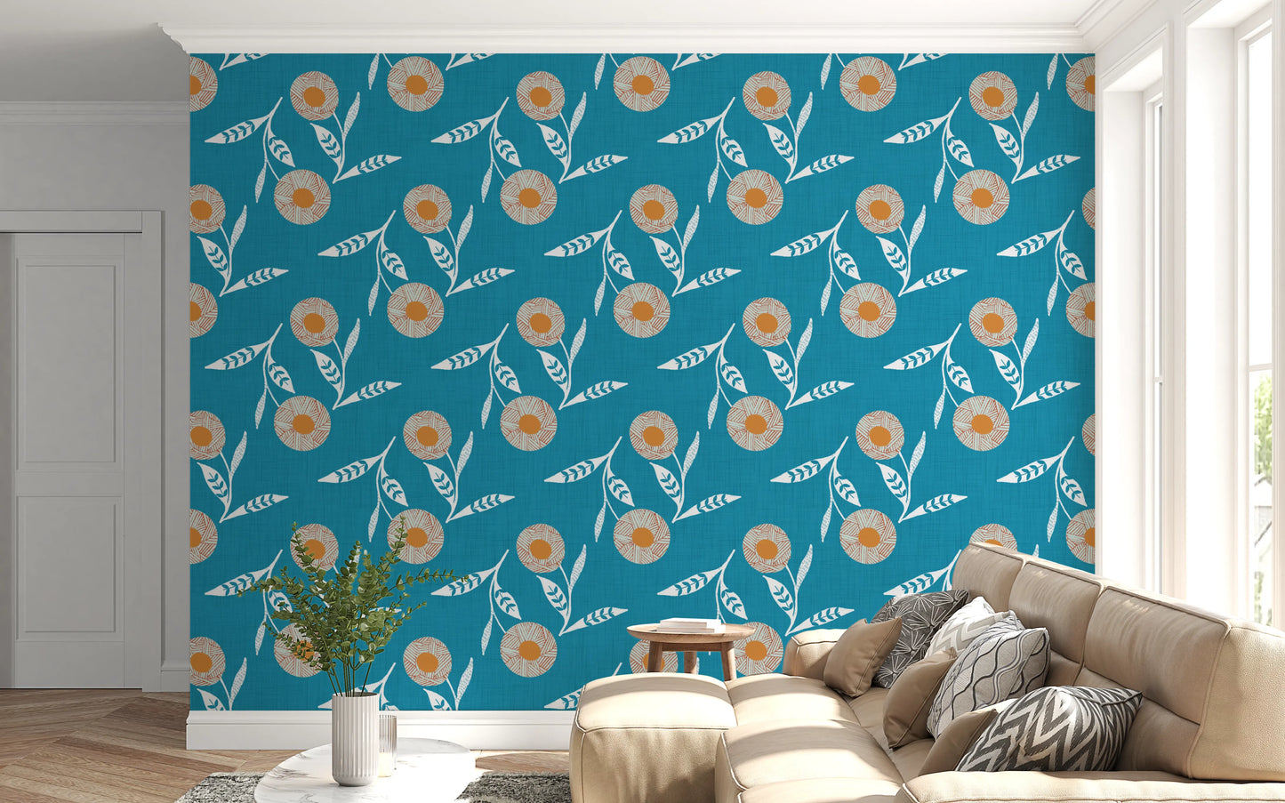 Cozy Scandi Flower Nordic Teal - Craft Botanical Wallpaper⁠