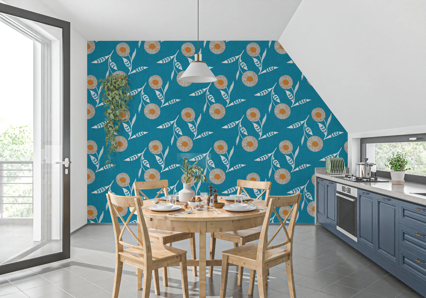 Cozy Scandi Flower Nordic Teal - Craft Botanical Wallpaper⁠