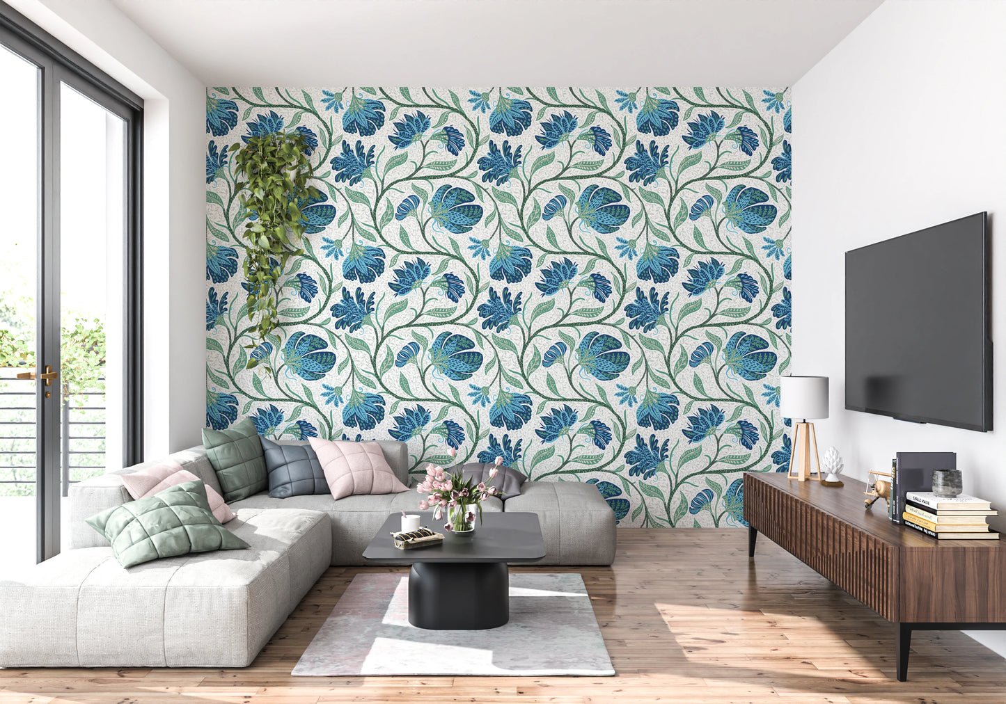 Trailing Indina Floral - Blue and White Wallpaper⁠