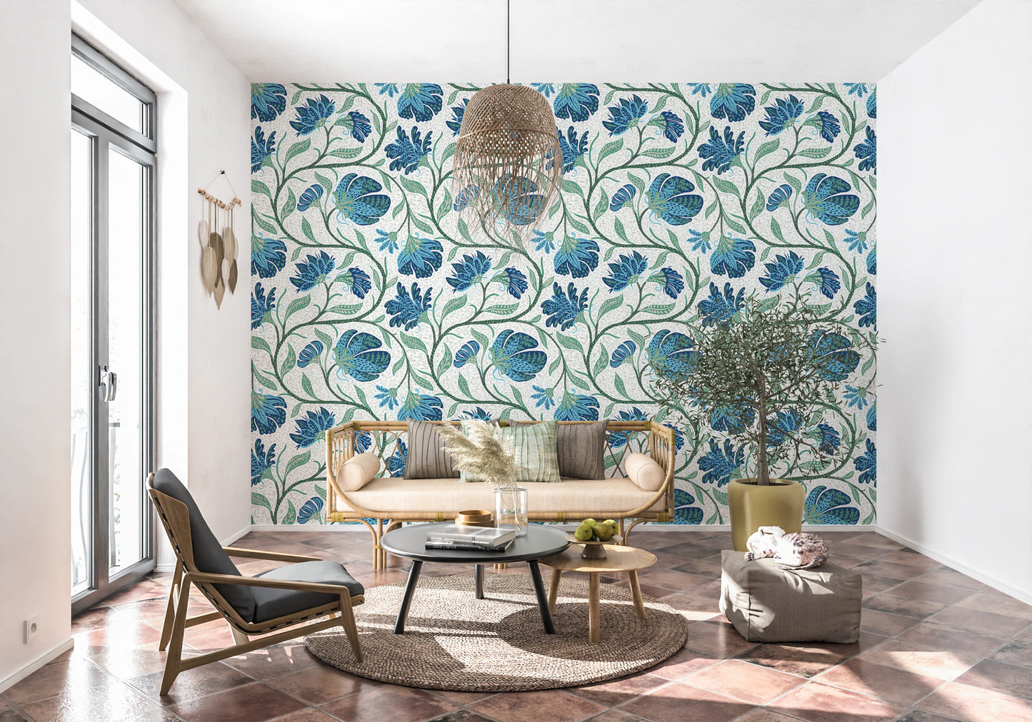 Trailing Indina Floral - Blue and White Wallpaper⁠