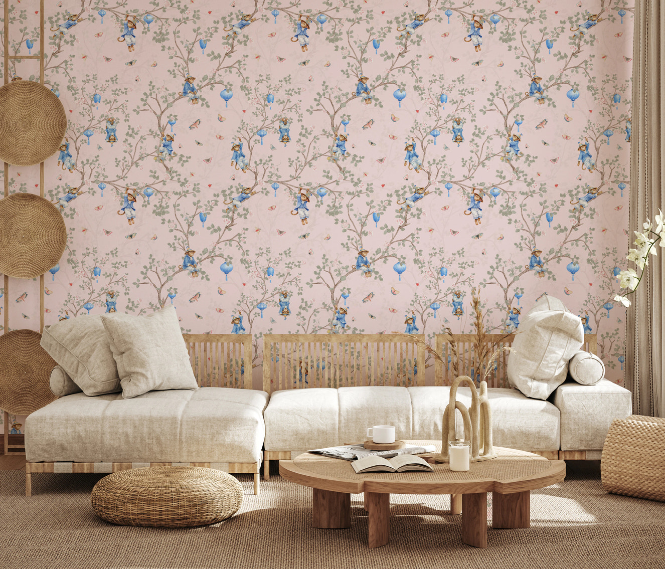 Vintage Rococo Chinoiserie Asian Lanterns with Monkeys and Sakura Flowers pink Wallpaper⁠