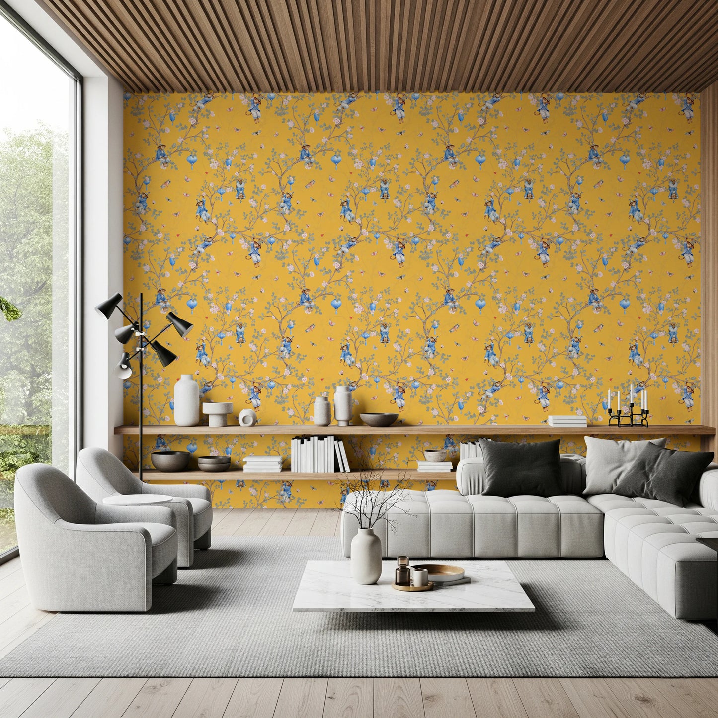 Vintage Rococo Chinoiserie Asian Lanterns with Monkeys and Sakura Flowers yellow Wallpaper⁠
