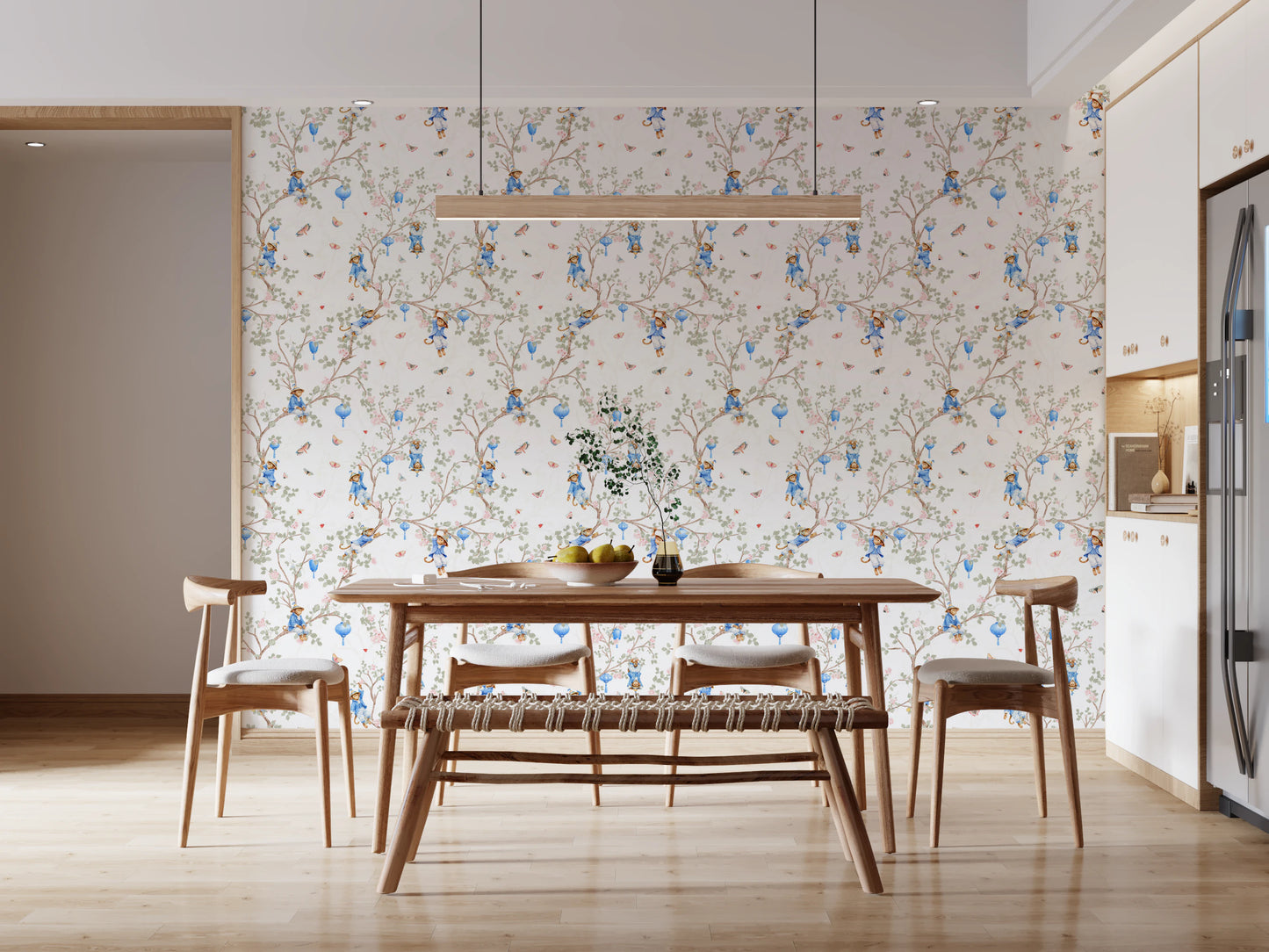 Vintage Rococo Chinoiserie Asian Lanterns with Monkeys and Sakura Flowers white Wallpaper⁠