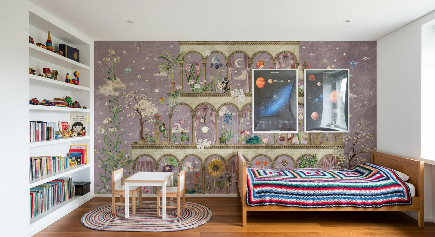 Floral Nightscape Garden on Pink Wall Mural