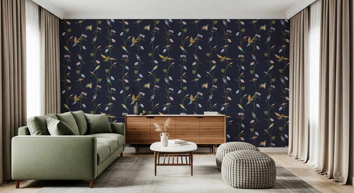 Vintage Birds in Moonlit Garden Wallpaper⁠