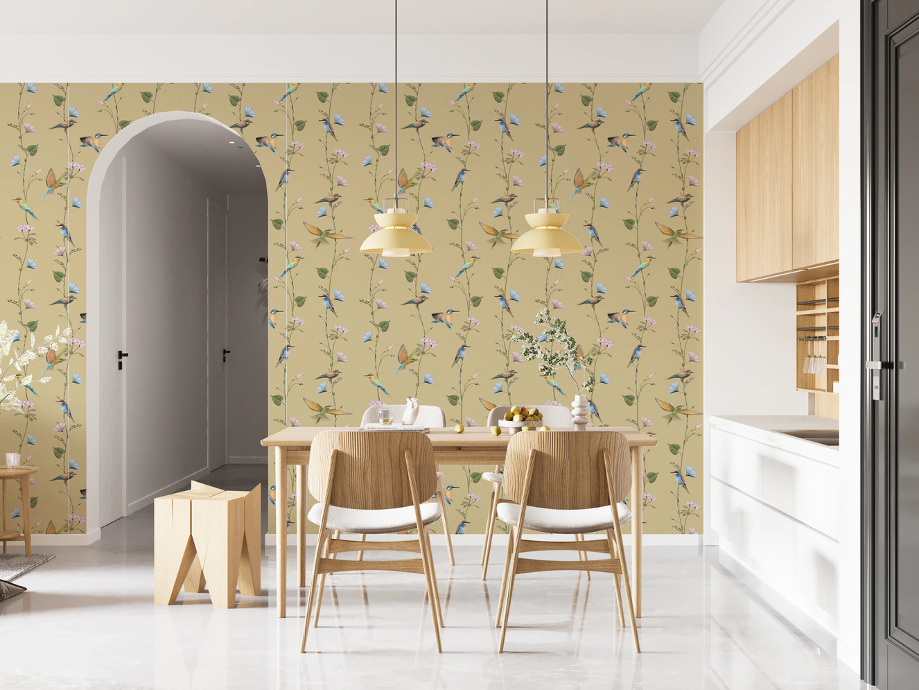 Pastel Songbirds on Beige Wallpaper⁠