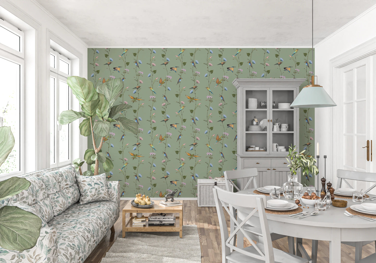 Botanical Birds in Soft Pastels Wallpaper⁠