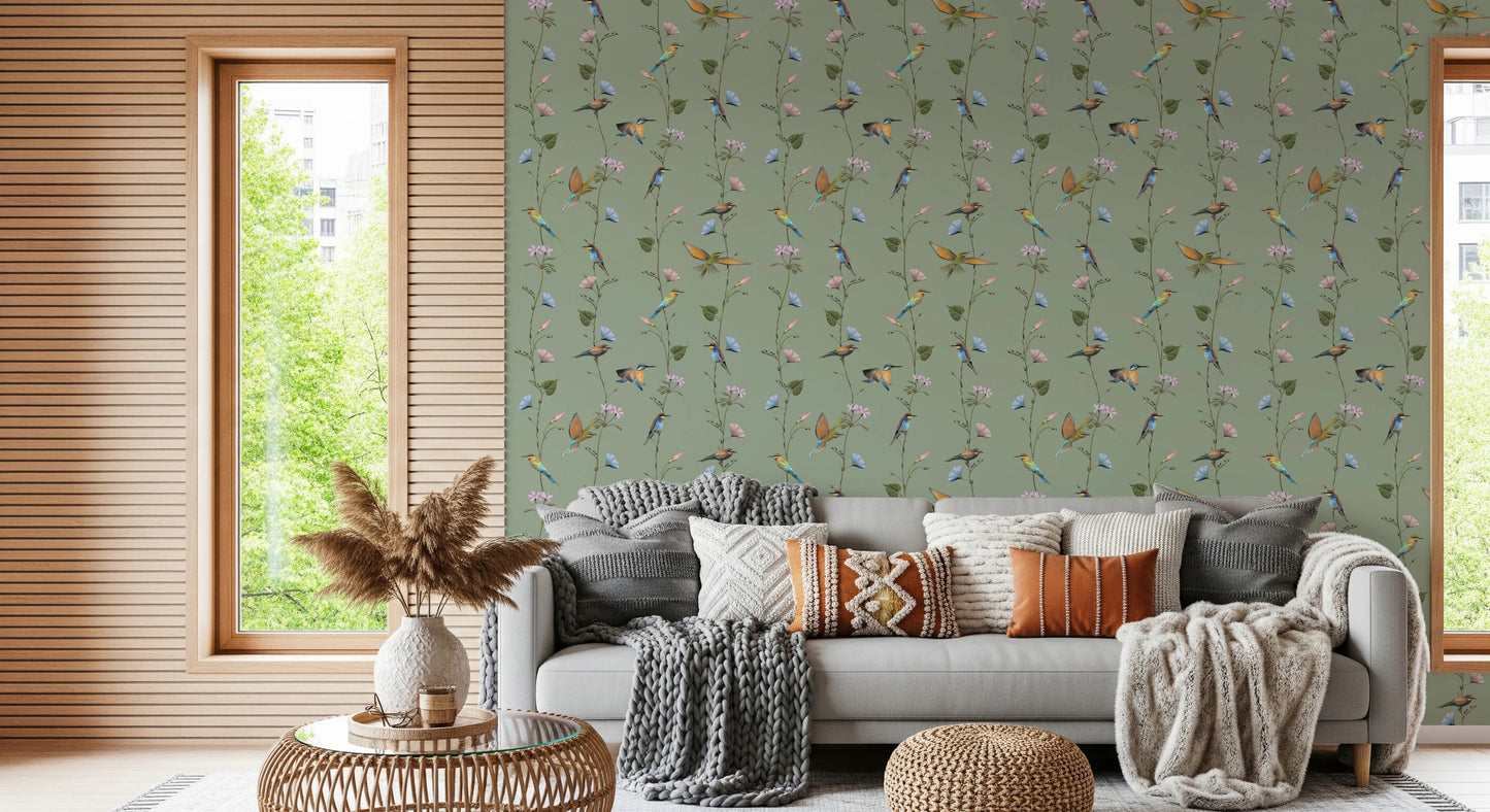 Botanical Birds in Soft Pastels Wallpaper⁠