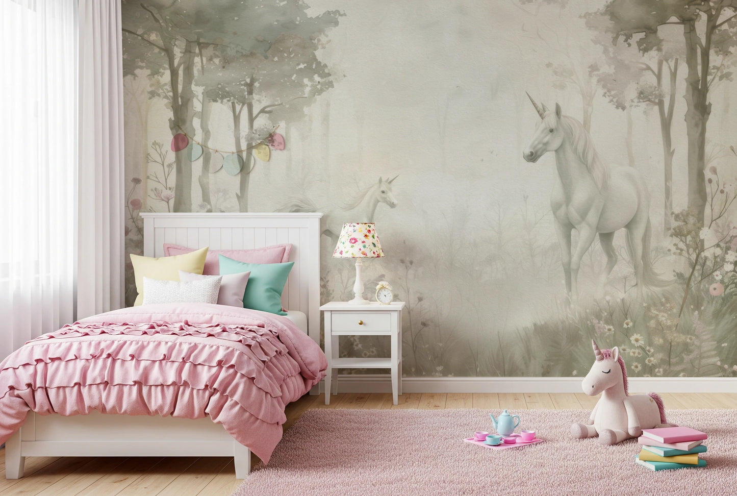 Unicorns in a Magical Dreamy Forest –  Sage Wall Mural