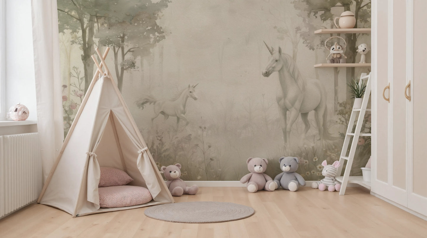 Unicorns in a Magical Dreamy Forest –  Sage Wall Mural