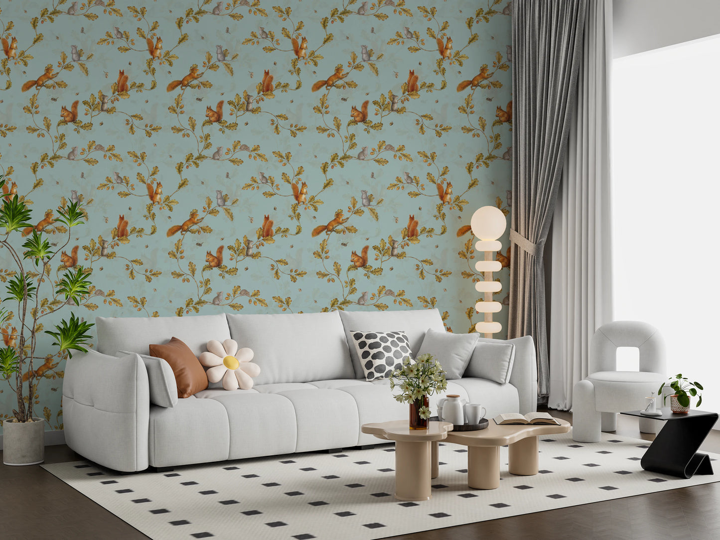 18th Rococo Forest Chinoiserie with Squirrels and Mice on Oak Tree Branches teal Wallpaper⁠