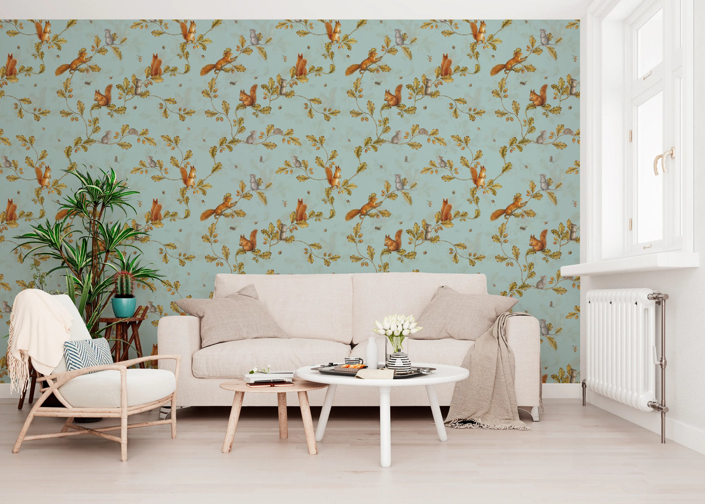 18th Rococo Forest Chinoiserie with Squirrels and Mice on Oak Tree Branches teal Wallpaper⁠