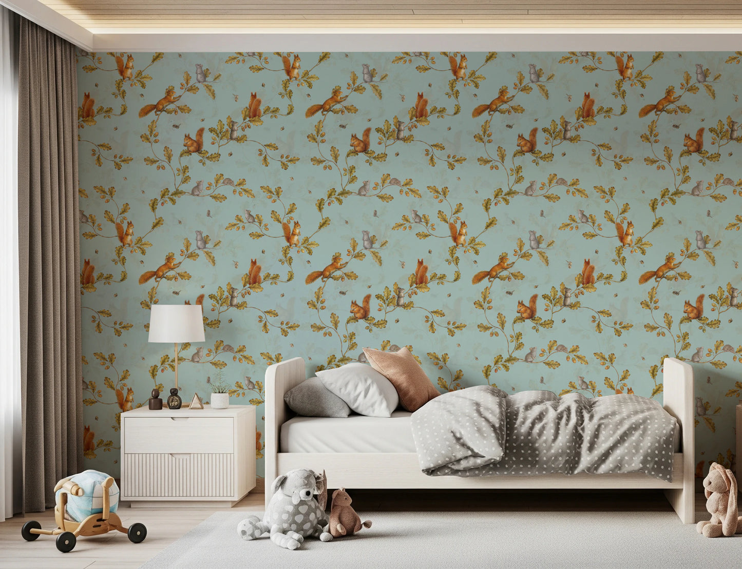 18th Rococo Forest Chinoiserie with Squirrels and Mice on Oak Tree Branches teal Wallpaper⁠