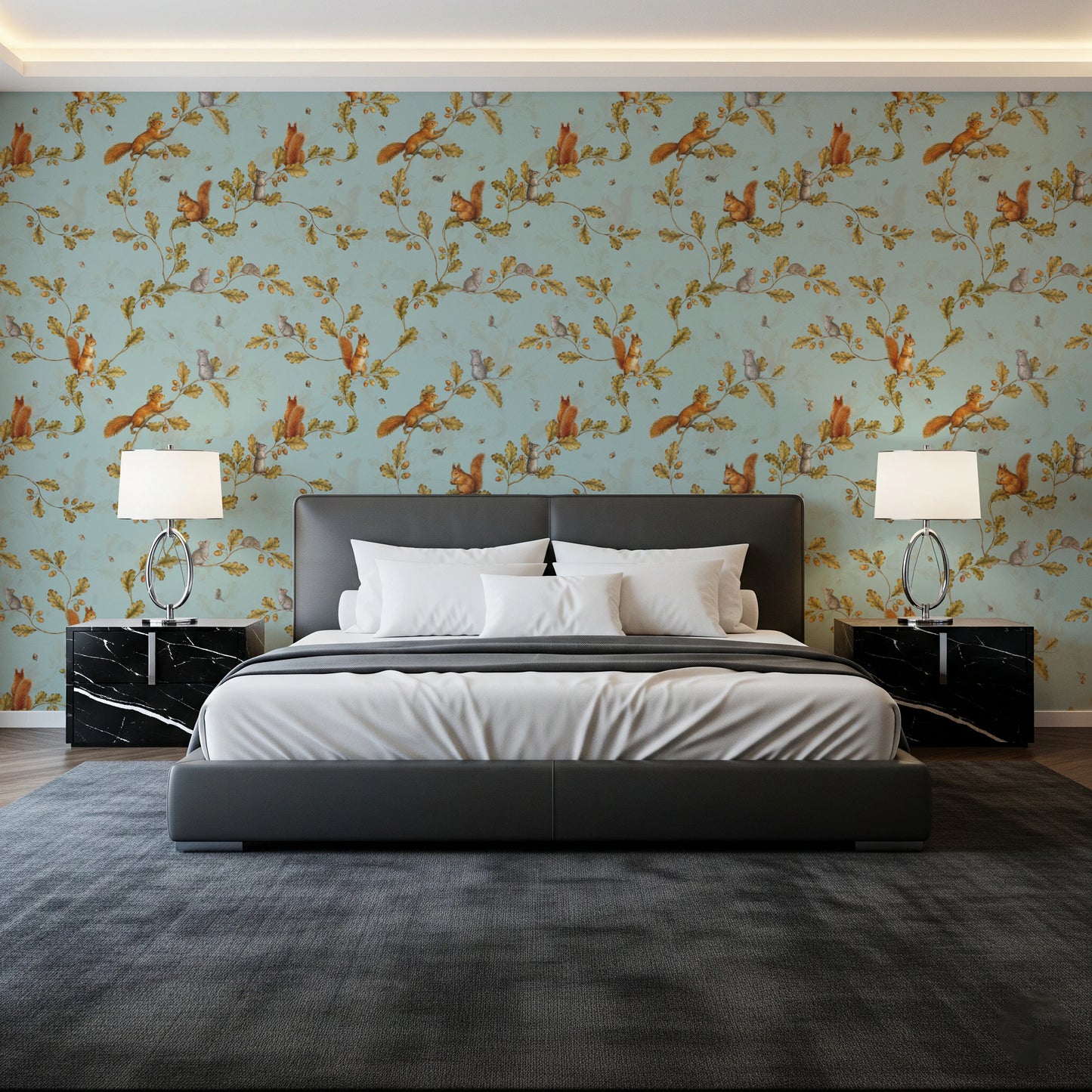 18th Rococo Forest Chinoiserie with Squirrels and Mice on Oak Tree Branches teal Wallpaper⁠