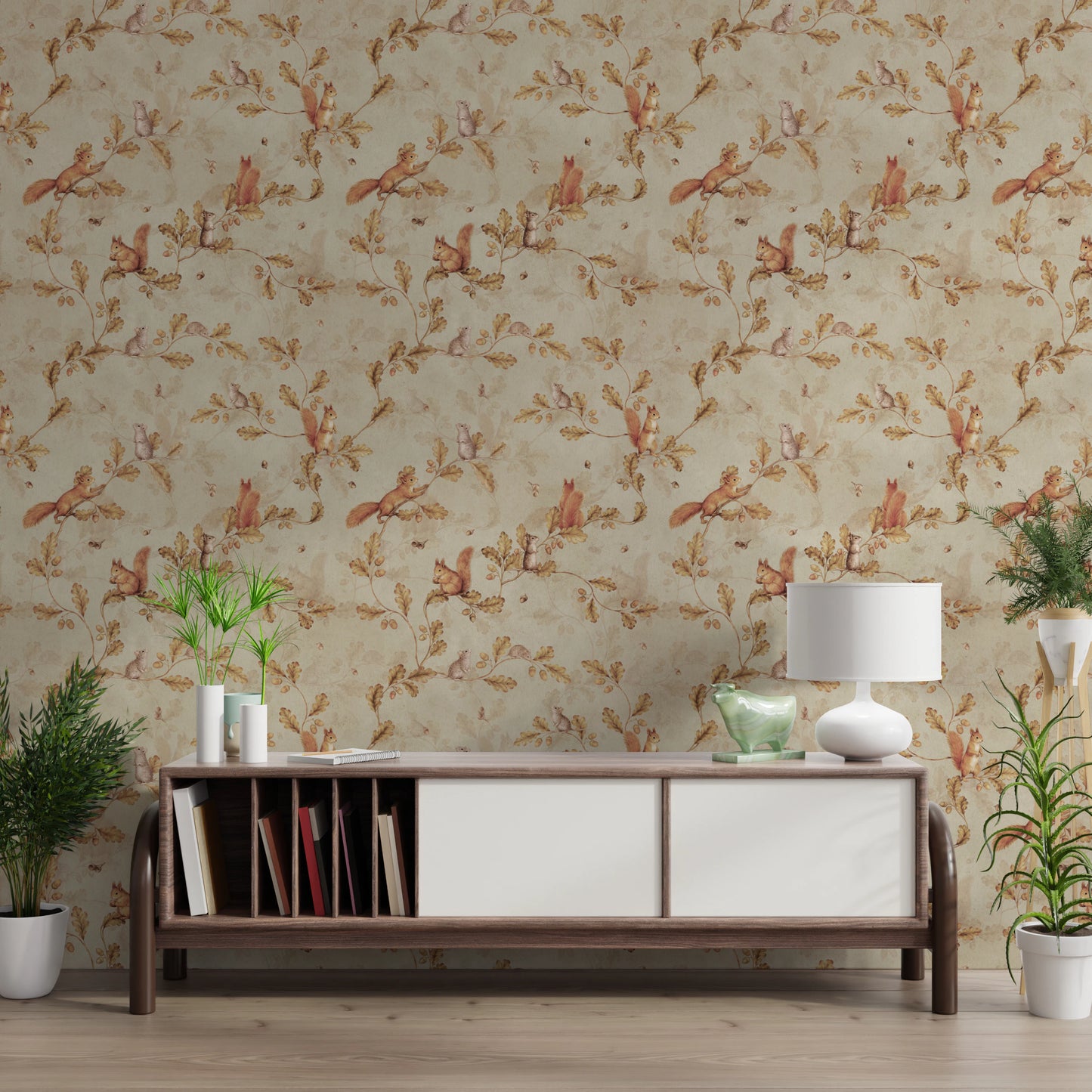 18th Rococo Forest Chinoiserie with Squirrels and Mice on Oak Tree Branches beige Wallpaper⁠