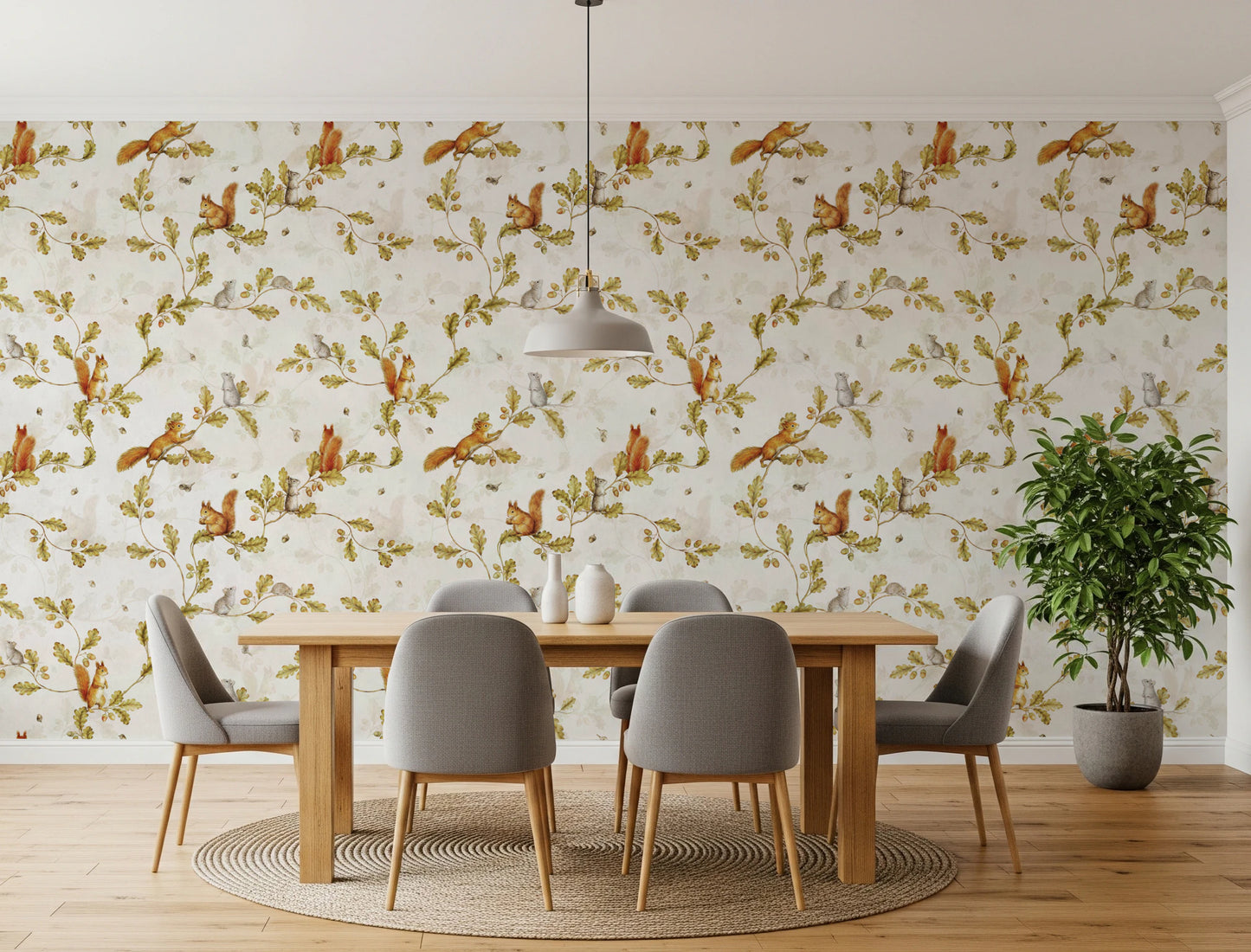 18th Rococo Forest Chinoiserie with Squirrels and Mice on Oak Tree Branches  Wallpaper⁠