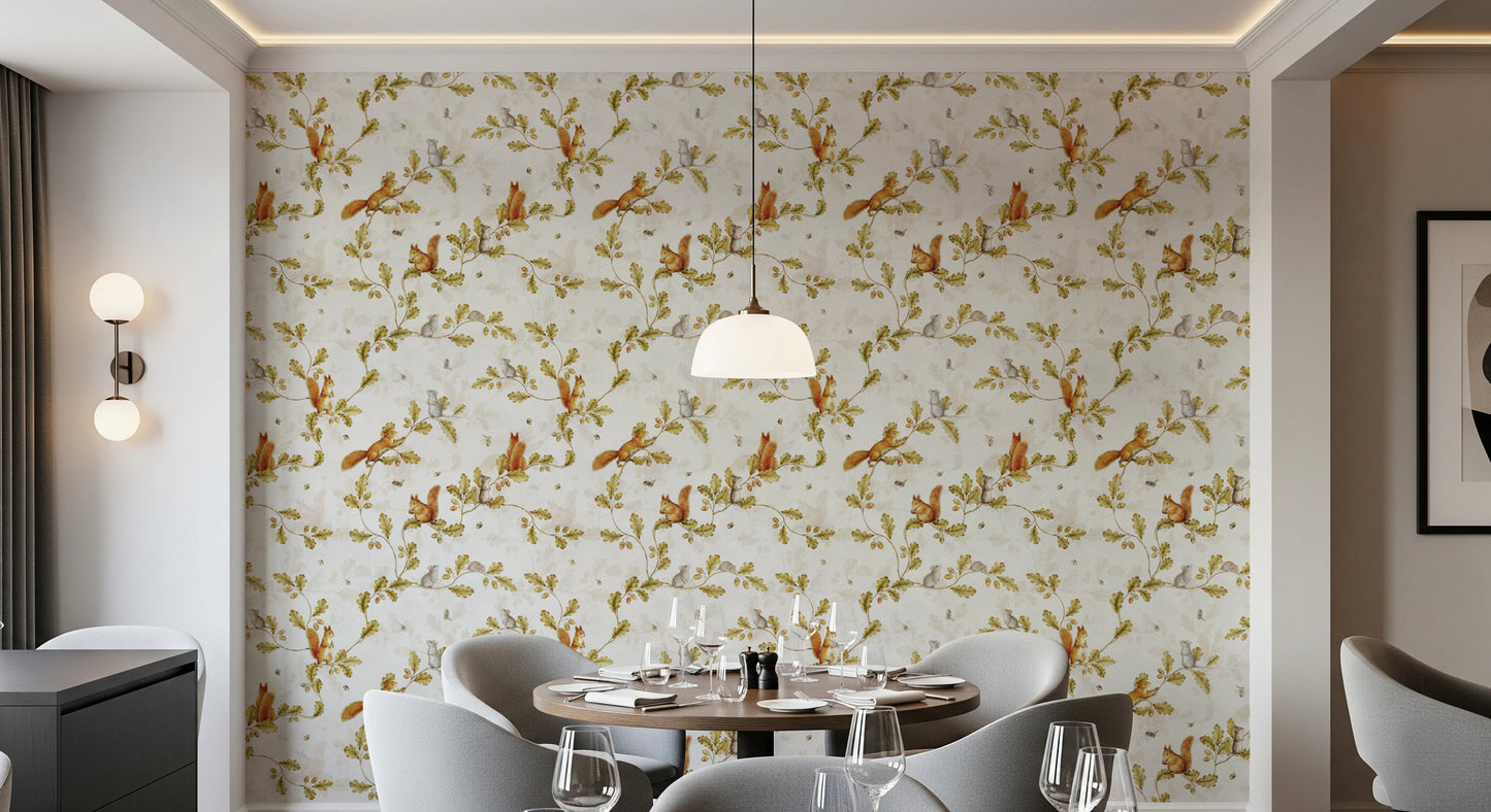 18th Rococo Forest Chinoiserie with Squirrels and Mice on Oak Tree Branches  Wallpaper⁠